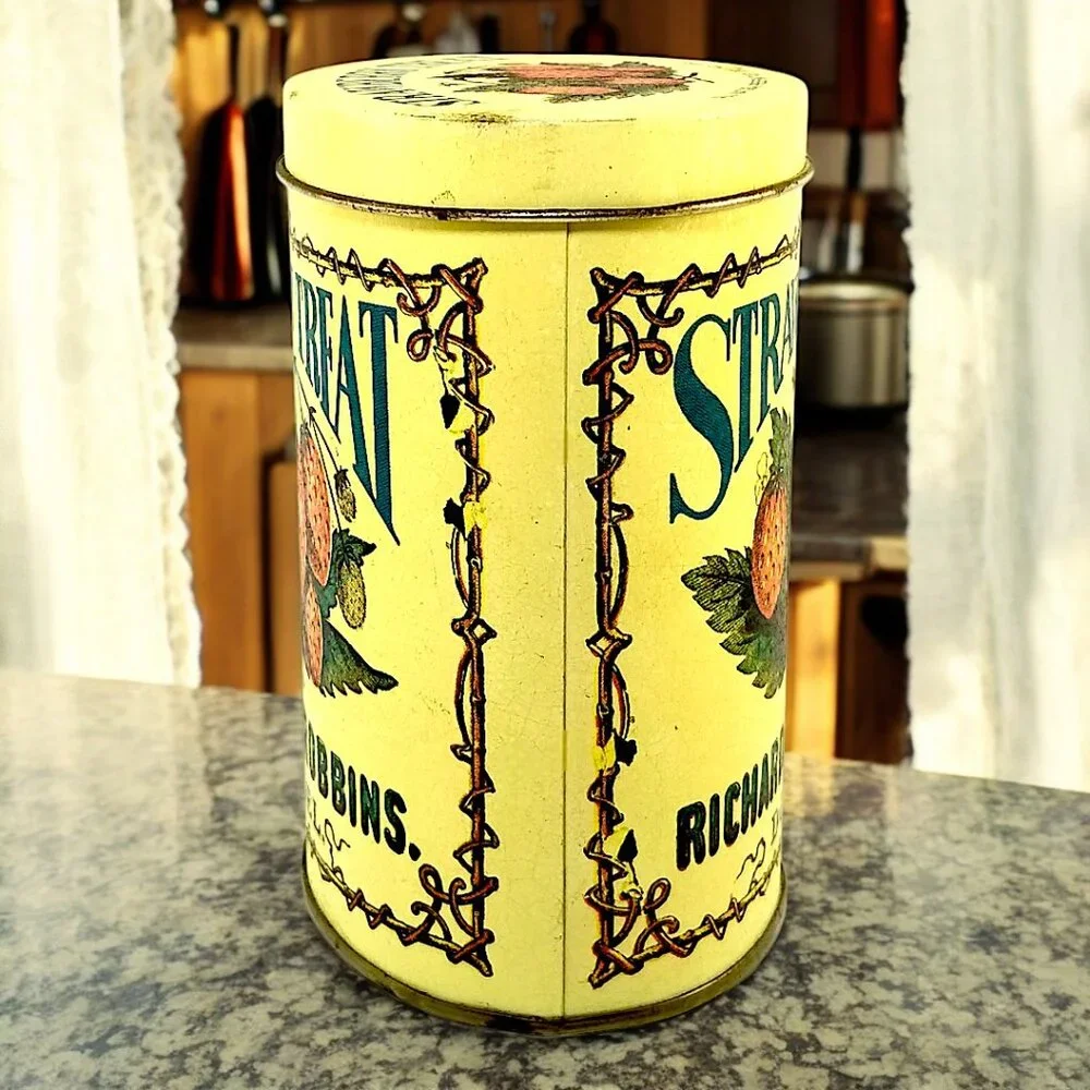 Vintage Strawberry Treat Tin – Retro Yellow Advertising Canister by Richardson &